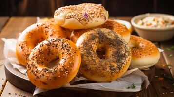 ai gerado uma prato do recentemente cozido bagels com uma variedade do coberturas. generativo ai foto