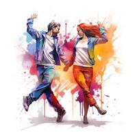 ai gerado aguarela pausa dançando casal com colorida pontos e salpicos em branco fundo foto