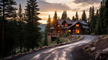 ai gerado uma estrada conduzindo para uma aconchegante, montanha cabine. generativo ai foto