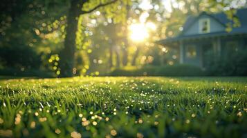 ai gerado verde grama, árvores, uma casa, nascer do sol foto