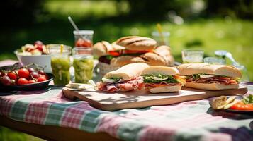 ai gerado uma verão piquenique mesa com sanduíches e fruta. generativo ai foto