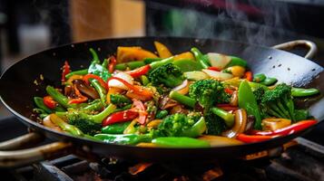 ai gerado uma sorteio do mexer frito legumes dentro uma wok. generativo ai foto