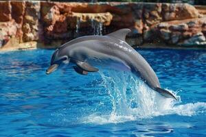 ai gerado golfinho pulando Fora do água foto