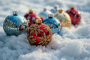 ai gerado linha do Natal enfeites dentro neve foto