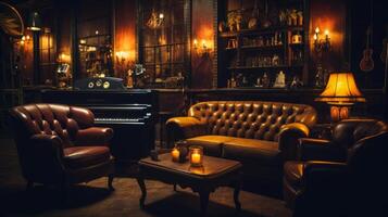 ai gerado uma vintage speakeasy com jazz música, baixo iluminação, e retro decoração para nostalgia. generativo ai foto