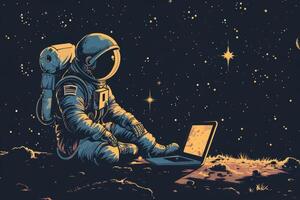 ai gerado astronauta usando computador portátil em lua foto