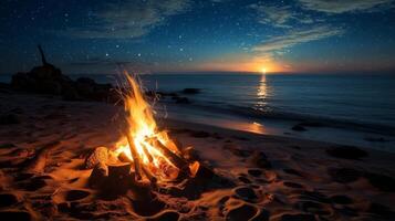 ai gerado fogueira em a de praia às noite. generativo ai foto