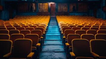 ai gerado esvaziar assentos e vermelho luzes dentro teatro foto