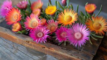 ai gerado colorida flores dentro de madeira caixa foto