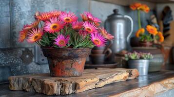 ai gerado sortido flores arranjado em mesa foto