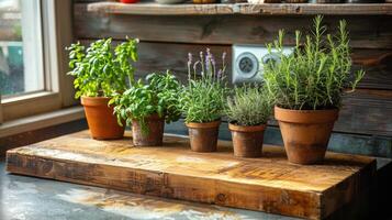 ai gerado em vaso plantas em de madeira mesa foto