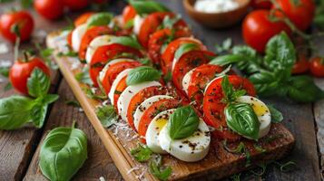 ai gerado fatiado tomates e mozzarella em de madeira corte borda foto