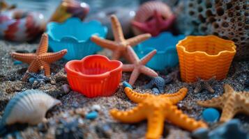 ai gerado estrela do Mar, areia, e copos em de praia foto