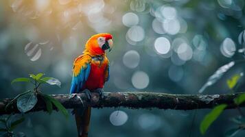 ai gerado colorida pássaro empoleirado em árvore ramo foto