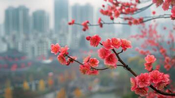 ai gerado pôr do sol sobre cidade com cereja flores foto