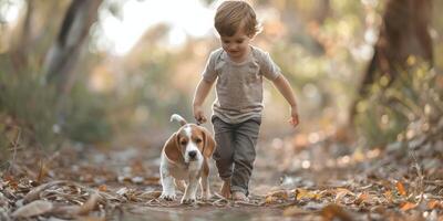 ai gerado pequeno Garoto caminhando com cachorro dentro madeiras foto