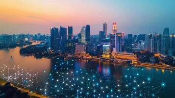 ai gerado aéreo Visão do cidade às noite foto