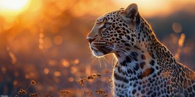 ai gerado fechar acima do leopardo dentro campo foto