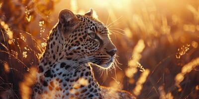 ai gerado leopardo sentado dentro alta Relva foto