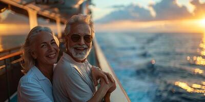 ai gerado homem e mulher desfrutando cruzeiro navio área coberta foto