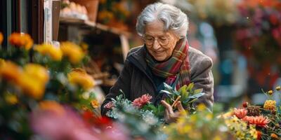 ai gerado mulher em pé dentro flor fazer compras foto