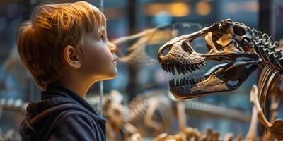 ai gerado Garoto observando dinossauro esqueleto dentro museu foto