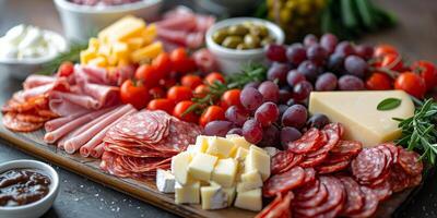 ai gerado sortido carnes, queijos, e legumes prato foto