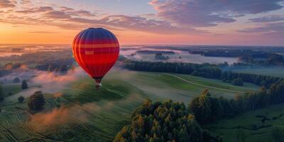 ai gerado quente ar balão subindo sobre exuberante verde campo foto