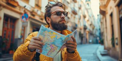 ai gerado homem dentro amarelo Jaqueta estudando mapa foto