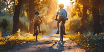 ai gerado jovem Garoto equitação bicicleta com Mais velho homem foto