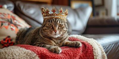 ai gerado régio gato com coroa em sofá foto