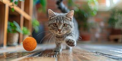 ai gerado gato corrida para laranja bola foto