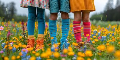 ai gerado três meninas em pé dentro uma campo do flores foto