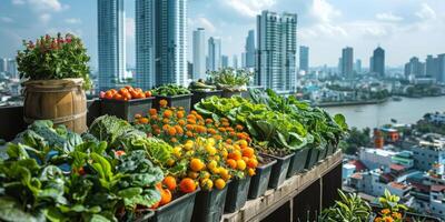 ai gerado sortido frutas e legumes em sacada foto