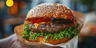 ai gerado clássico Hamburger com queijo e alface dentro papel embrulho foto