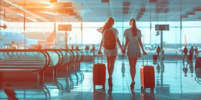 ai gerado dois mulheres com malas caminhando através a aeroporto foto