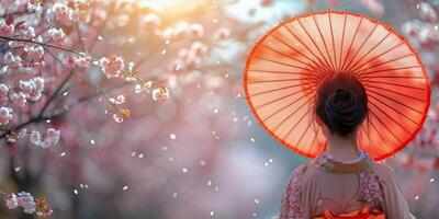 ai gerado mulher dentro quimono segurando guarda-chuva foto