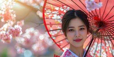ai gerado mulher dentro quimono segurando vermelho guarda-chuva foto
