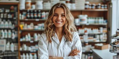 ai gerado mulher segurando garrafa dentro farmacia foto