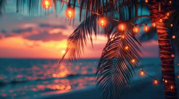 ai gerado tropical verão noite com Palma árvores e suspensão cordas do luz foto