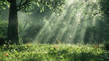 ai gerado uma pacífico floresta clareira com manchado luz solar, uma metáfora para a nutrir força do uma mãe. foto