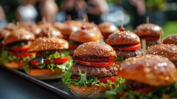ai gerado muitos mini hambúrgueres estão em uma bandeja. mini hambúrgueres com carne empada, tomate e verde salada foto