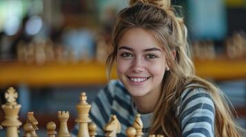 ai gerado brilhante lindo fotografia do uma jovem mulher jogando xadrez foto