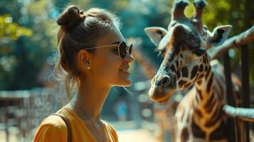 ai gerado uma jovem, lindo mulher feeds uma girafa às a jardim zoológico, desfrutando uma único animal encontro foto