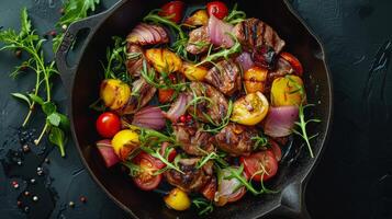 ai gerado panela preenchidas com carne e legumes em mesa foto