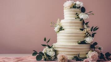 ai gerado Casamento bolo com branco flores em mesa foto