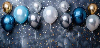ai gerado balões com ouro, prata confete em uma cinzento fundo festa Projeto foto