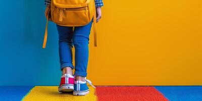 ai gerado menina com Rosa mochila caminhando baixa a rua foto