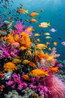 ai gerado ampla grupo do peixe natação sobre coral recife foto