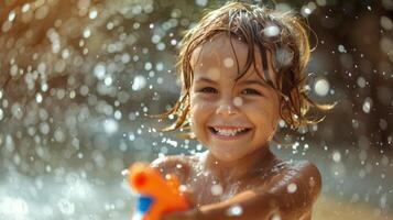 ai gerado jovem criança jogando dentro uma borrifar piscina foto